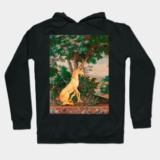 UNICORN IN WOODLAND LANDSCAPE AMONG GREENERY AND TREES Pink Green Hues Hoodie